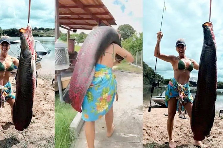 Mulher pesca pirarucu gigante (Foto: Reprodução)