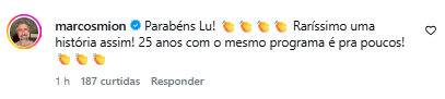 O comentário do Marcos Mion na postagem de Luciana Gimenez confirmando sua saída da RedeTV! (Reprodução: Instagram)