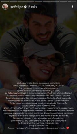Post do Zé Felipe Post do Zé Felipe comunicando o fim de seu namoro com Ana Castela (Reprodução: Instagram)