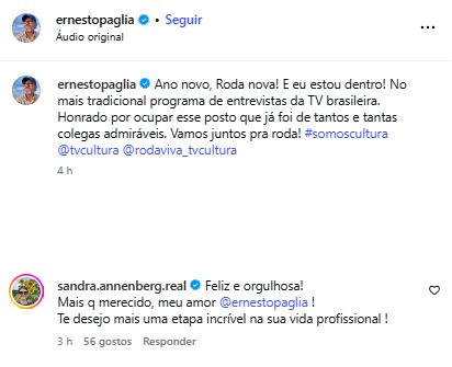 Post da Sandra Anennberg sobre a novidade profissional de Ernesto (Reprodução: Instagram)