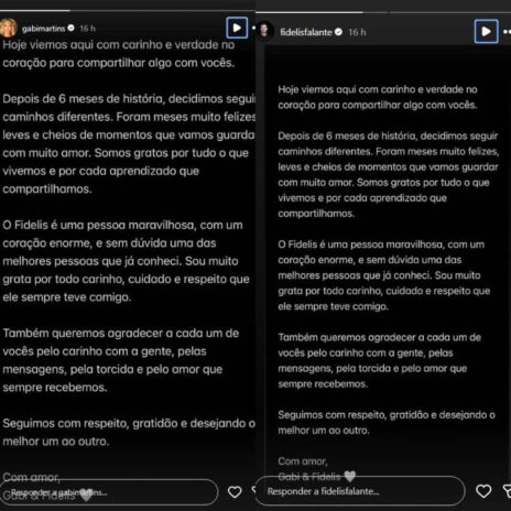 Gabi Martins e Matheus Fidelis Gabi Martins e Matheus Fidelis comunicando o término (Reprodução: Instagram)