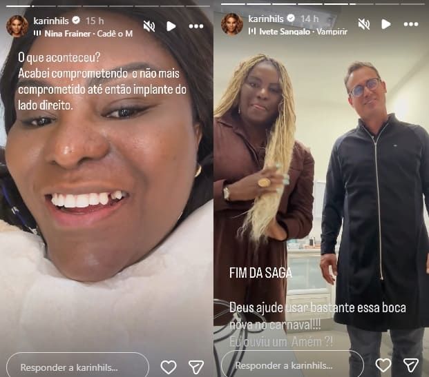 Karin Hils, ex-Rouge, passa por atendimento após perder dente (Foto: Stories do Instagram)