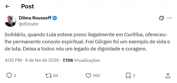 Post da Dilma (Reprodução: 'X', antigo Twitter)