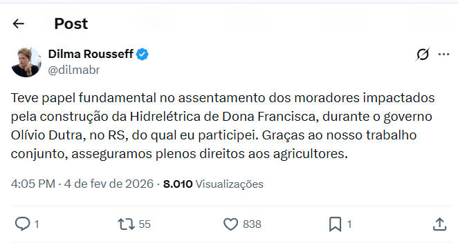 Post da Dilma (Reprodução: 'X', antigo Twitter)