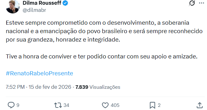 postagem de dilma Postagem de Dilma (Reprodução: X, antigo Twitter)