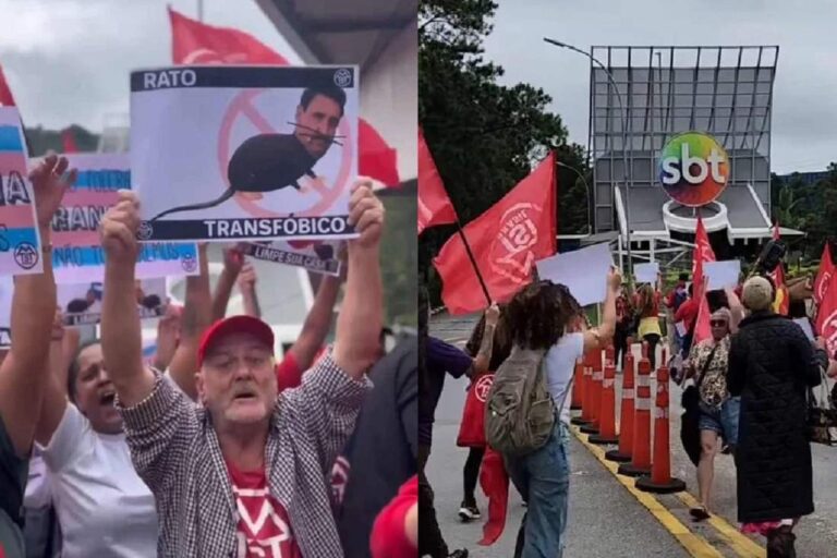 Manifestantes do MTST cercam SBT em protesto contra Ratinho