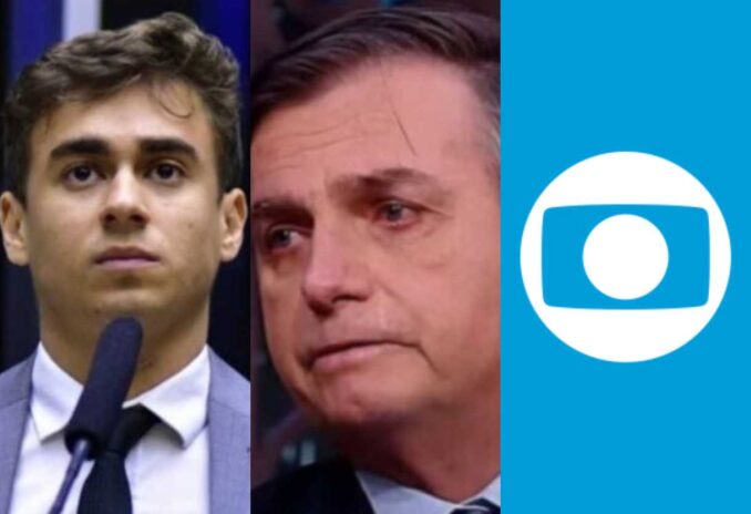 Nikolas Ferreira, Jair Bolsonaro e Globo Nikolas Ferreira, Jair Bolsonaro e Globo (Reprodução: TV Câmara, SBT, e TV Globo)