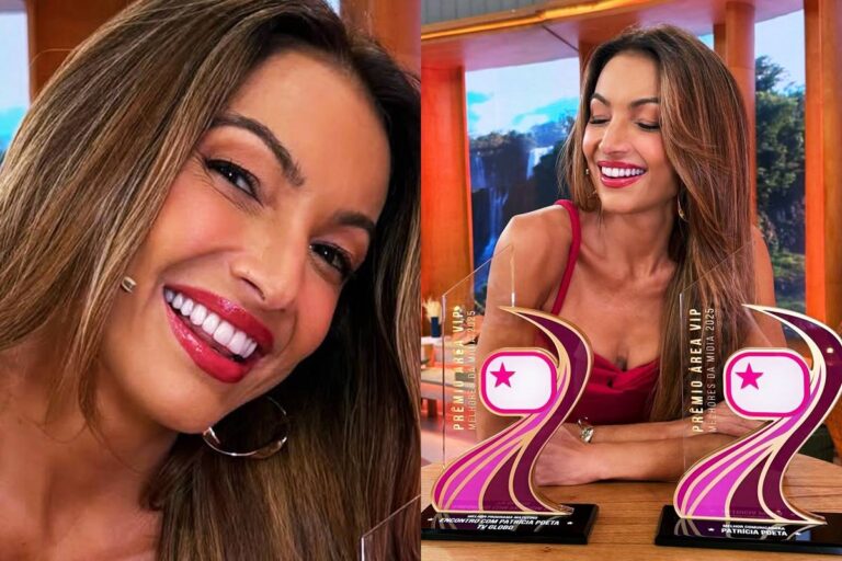 Patrícia Poeta recebe troféus do Prêmio Área VIP no palco do Encontro