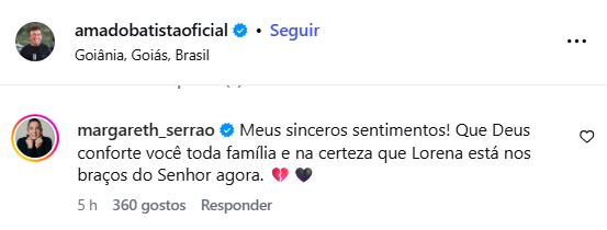 Post da Margareth Serrão na postagem do Amado Batista (Reprodução: Instagram)