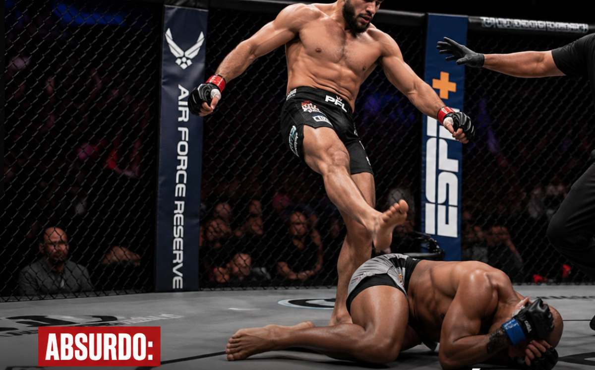 Lutador chuta rival caído (Ilustração: IA/ Área Vip)