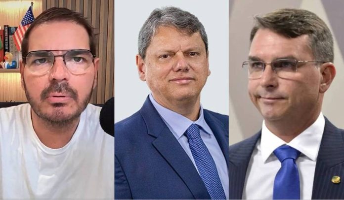 Constantino, Tarcísio de Freitas e Flávio Bolsonaro Constantino, Tarcísio de Freitas e Flávio Bolsonaro