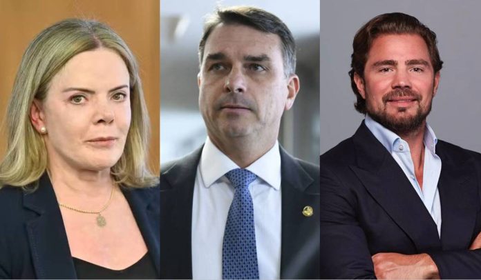 Gleisi Hoffmann, Flávio Bolsonaro e Vorcaro Gleisi Hoffmann, Flávio Bolsonaro e Vorcaro