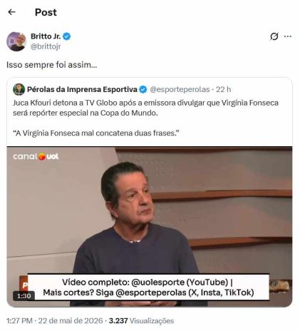 Post Britto Jr Post do Britto Jr (Reprodução: X, antigo Twitter)