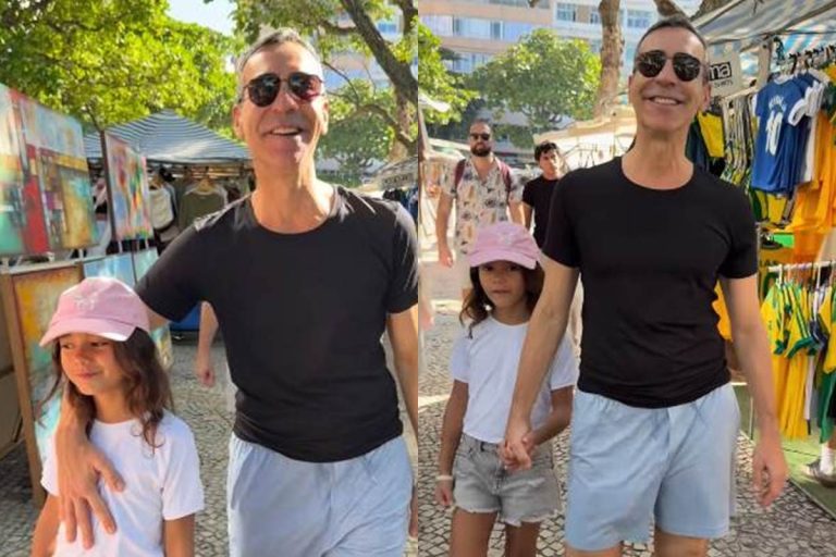 César Tralli passeia com a filha em Ipanema