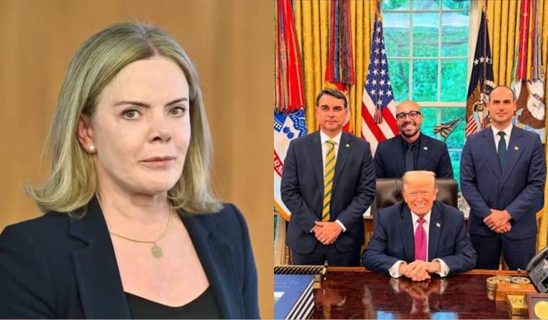 Gleisi Hoffmann esculhamba com Flávio, Eduardo Bolsonaro e Trump: “traidores e imbecis”