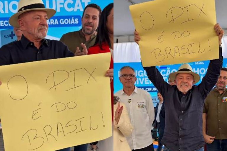 Lula entra em cerimônia com cartaz: “O Pix é do Brasil”