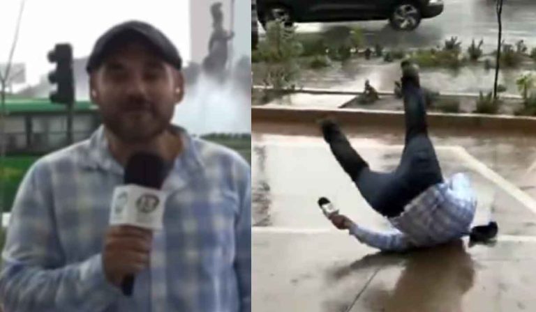 Repórter toma tombo ao vivo e câmera registra tudo