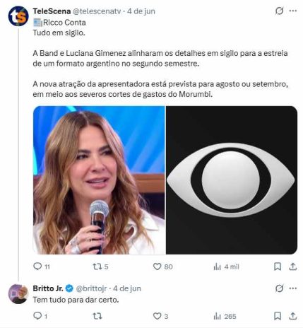 Post do Britto Jr sobre Luciana Gimenez Post do Britto Jr sobre Luciana Gimenez (Reprodução: X, antigo Twitter)