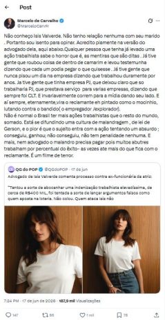 Post do Marcelo de Carvalho Post do Marcelo de Carvalho (Reprodução: X, antigo Twitter)