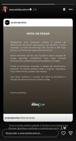 Post da Ana Castela Post da Ana Castela (Reprodução: Instagram)