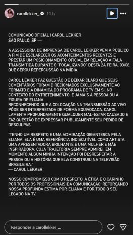 Post da Carol Lekker Post da Carol Lekker (Reprodução: Instagram)
