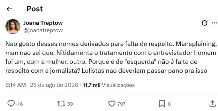 Post da Joana Post da Joana (Reprodução: X, antigo Twitter)