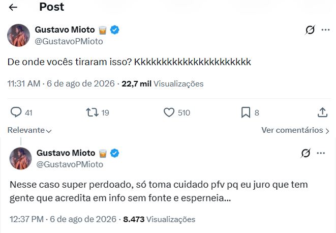 Post do Gustavo Mioto (Reprodução: X, antigo Twitter)