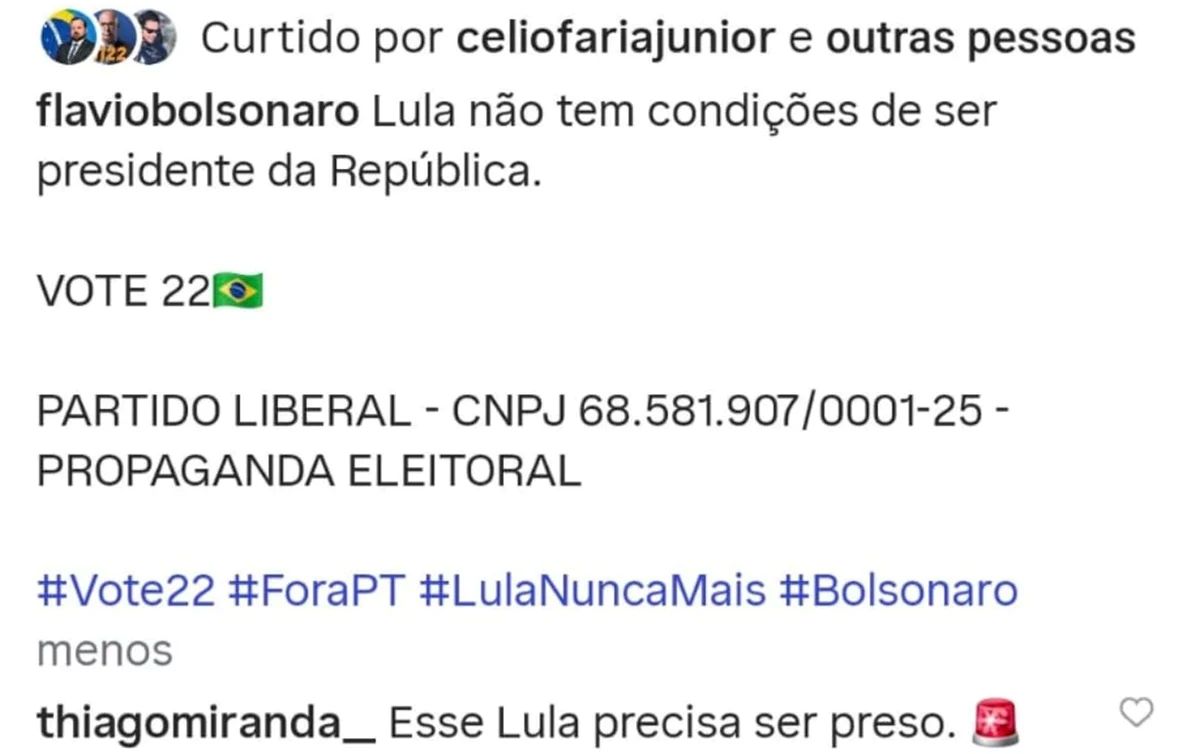 Comentário de Thiago Miranda (Foto: Captura de Tela/ Instagram @flaviobolsonaro)