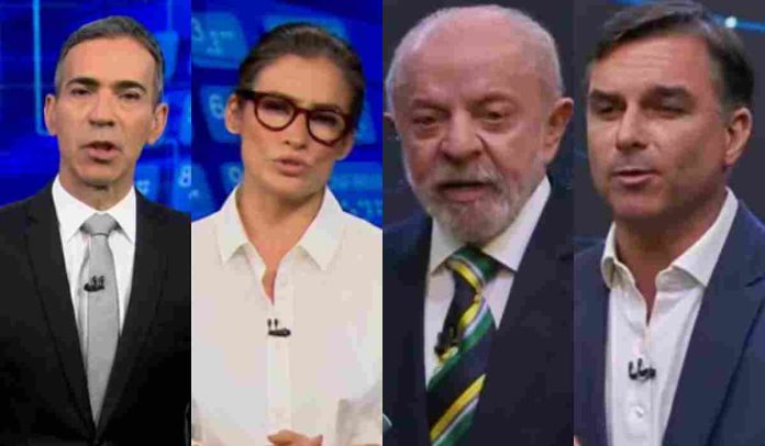 César Tralli, Renata Vasconcellos, Lula e Flávio Bolsonaro