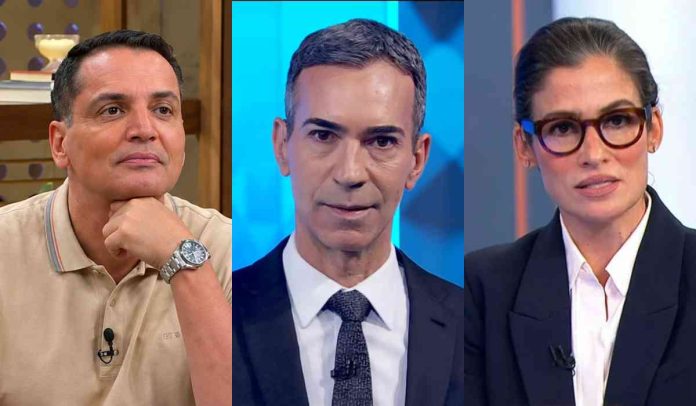 Leo Dias, Cesar Tralli e Renata Vasconcellos Leo Dias, Cesar Tralli e Renata Vasconcellos (Reprodução: Band TV/TV Globo)