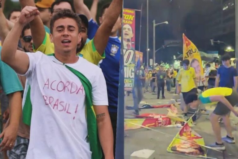 Em ato de Nikolas, bolsonaristas cospem em bandeiras petistas