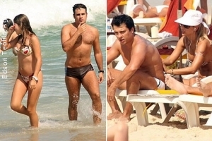 Humoristas do Pânico, Rodrigo Scarpa e Wellington Muniz curtem praia no Rio