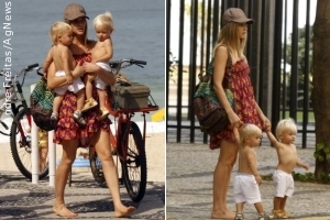Fernanda Lima faz passeio com os filhos gêmeos