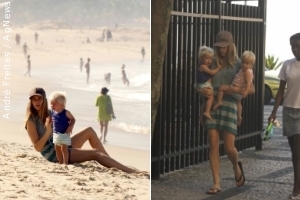 Fernanda Lima brinca com os gêmeos na areia