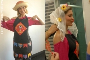 Flávia Alessandra se veste de noiva caipira para gravação de comercial