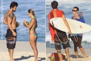 Carolina Dieckmann e Paulinho Vilhena vão juntos à praia