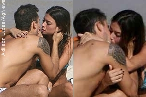 Paulinho Vilhena e Thaila Ayala curtem praia aos beijos