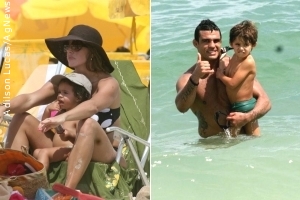 Joana Prado e Vítor Belfort levam os filhos à praia