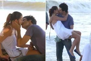 Alinne Moraes e Mateus Solano gravam cena de beijo em praia