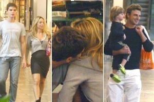 Danielle Winits troca beijos com Jonatas Faro e quase esbarra com Cássio Reis e seu filho em shopping