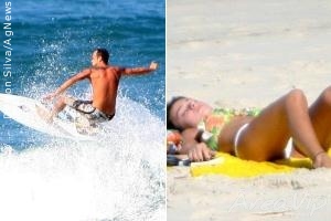 Thaila Ayala cochila enquanto Paulinho Vilhena surfa