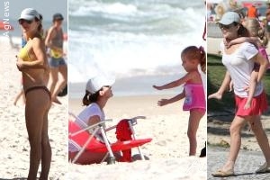 Exibindo ótima forma, Gabriela Duarte curte praia com a filha