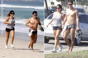 Daniel de Oliveira e Vanessa Giácomo correm em praia carioca