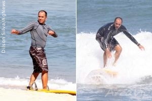 Humberto Martins surfa em praia carioca