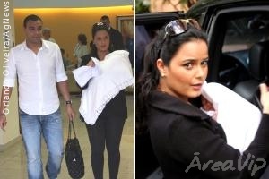 Luciele Di Camargo deixa maternidade com bebê ao lado de Denílson