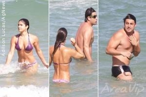 Priscila Fantin e Bruno de Lucca curtem praia na Barra da Tijuca
