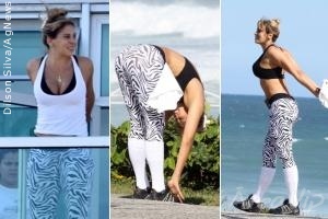 Ângela Bismarchi se alonga em praia carioca